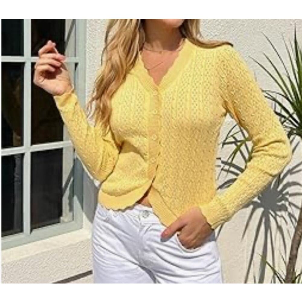 Yellow Women's Medium Pointelle Cardigan Sweater Eyelet Scalloped Knit Twee